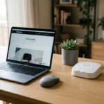 Router Wi-Fi y portátil en un escritorio, representando el problema de desconexión de Wi-Fi en Windows