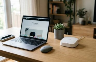 Router Wi-Fi y portátil en un escritorio, representando el problema de desconexión de Wi-Fi en Windows
