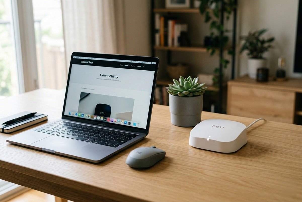 solucion-desconexion-wifi-windows Router Wi-Fi y portátil en un escritorio, representando el problema de desconexión de Wi-Fi en Windows