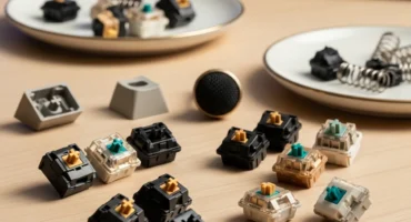 Varias piezas de interruptores mecánicos de teclado y resortes dispuestas sobre una mesa.