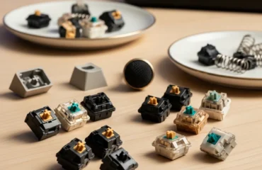 switches-teclados-mecanicos Varias piezas de interruptores mecánicos de teclado y resortes dispuestas sobre una mesa.