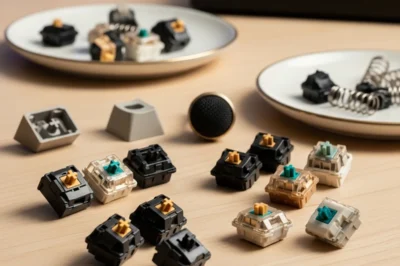 Varias piezas de interruptores mecánicos de teclado y resortes dispuestas sobre una mesa.