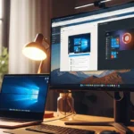 Un escritorio con una computadora portátil y un monitor que muestran pantallas de Windows.
