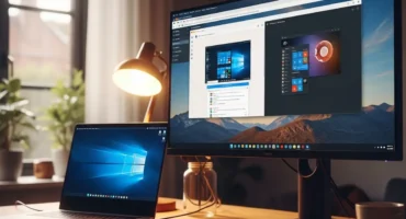 Un escritorio con una computadora portátil y un monitor que muestran pantallas de Windows.