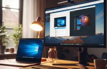 Un escritorio con una computadora portátil y un monitor que muestran pantallas de Windows.