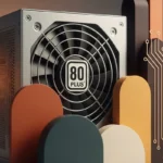 Fuente de alimentación con certificación 80 PLUS, rodeada de formas geométricas en diversos colores.