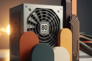 Fuente de alimentación con certificación 80 PLUS, rodeada de formas geométricas en diversos colores.