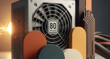 Fuente de alimentación con certificación 80 PLUS, rodeada de formas geométricas en diversos colores.