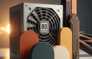 Fuente de alimentación con certificación 80 PLUS, rodeada de formas geométricas en diversos colores.