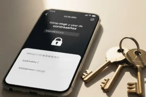 Imagen de un teléfono inteligente mostrando una pantalla sobre la gestión de contraseñas, junto a unas llaves sobre una superficie.