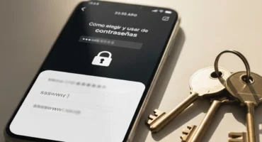 Imagen de un teléfono inteligente mostrando una pantalla sobre la gestión de contraseñas, junto a unas llaves sobre una superficie.