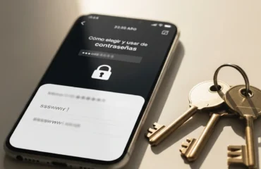 como-elegir-usar-gestor-contrasenas Imagen de un teléfono inteligente mostrando una pantalla sobre la gestión de contraseñas, junto a unas llaves sobre una superficie.