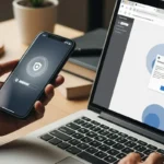 Una persona sostiene un teléfono móvil mostrando una pantalla de seguridad mientras trabaja en una computadora portátil.