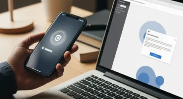 Una persona sostiene un teléfono móvil mostrando una pantalla de seguridad mientras trabaja en una computadora portátil.
