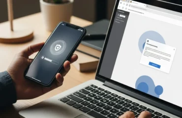 como-saber-si-programa-es-seguro-antes-instalarlo Una persona sostiene un teléfono móvil mostrando una pantalla de seguridad mientras trabaja en una computadora portátil.