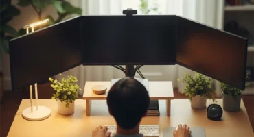 Persona sentada frente a una mesa de trabajo con tres monitores, una lámpara y plantas decorativas.