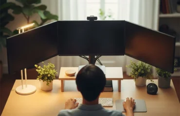 configuracion-ergonomica-monitores-multiples Persona sentada frente a una mesa de trabajo con tres monitores, una lámpara y plantas decorativas.
