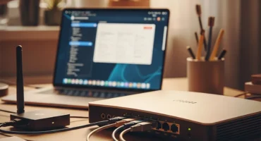 Router conectado a un ordenador portátil en un escritorio.