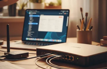 Router conectado a un ordenador portátil en un escritorio.