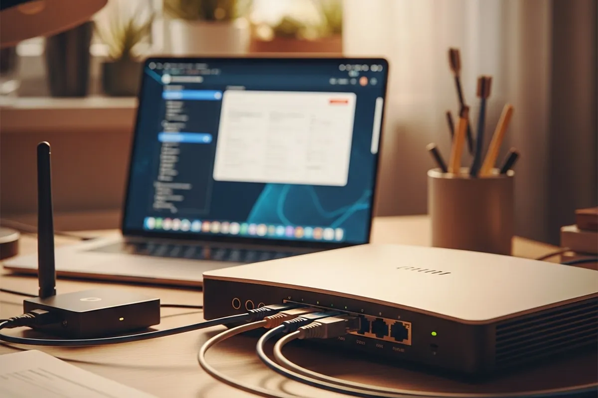 configurar-router-optimizar-red-domestica Router conectado a un ordenador portátil en un escritorio.