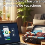 Imagen de un escritorio con una laptop mostrando un programa de optimización, junto a una maleta abierta y ropa, con el texto "Eliminar archivos basura antes de irte de vacaciones".