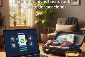 Imagen de un escritorio con una laptop mostrando un programa de optimización, junto a una maleta abierta y ropa, con el texto "Eliminar archivos basura antes de irte de vacaciones".