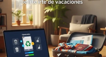 Imagen de un escritorio con una laptop mostrando un programa de optimización, junto a una maleta abierta y ropa, con el texto 