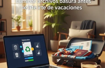 Imagen de un escritorio con una laptop mostrando un programa de optimización, junto a una maleta abierta y ropa, con el texto 