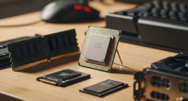 Componentes de hardware de computadora dispuestos sobre una mesa de madera, incluyendo un procesador, memoria RAM y una tarjeta gráfica.