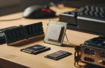 especificaciones-basicas-pc-guia-esencial Componentes de hardware de computadora dispuestos sobre una mesa de madera, incluyendo un procesador, memoria RAM y una tarjeta gráfica.