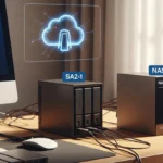 Imagen de un escritorio con computadoras y dispositivos NAS conectados, junto a un ícono de nube digital.