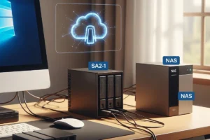 Imagen de un escritorio con computadoras y dispositivos NAS conectados, junto a un ícono de nube digital.