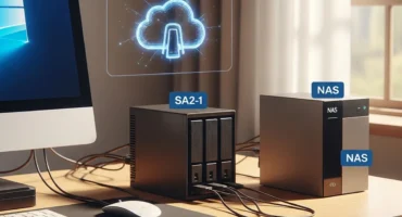 Imagen de un escritorio con computadoras y dispositivos NAS conectados, junto a un ícono de nube digital.