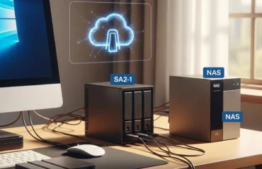 Imagen de un escritorio con computadoras y dispositivos NAS conectados, junto a un ícono de nube digital.