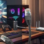 Escritorio con monitor y pc gaming, mando y un router y un cable ethernet
