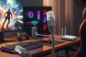 Escritorio con monitor y pc gaming, mando y un router y un cable ethernet
