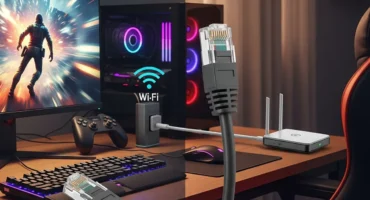Escritorio con monitor y pc gaming, mando y un router y un cable ethernet