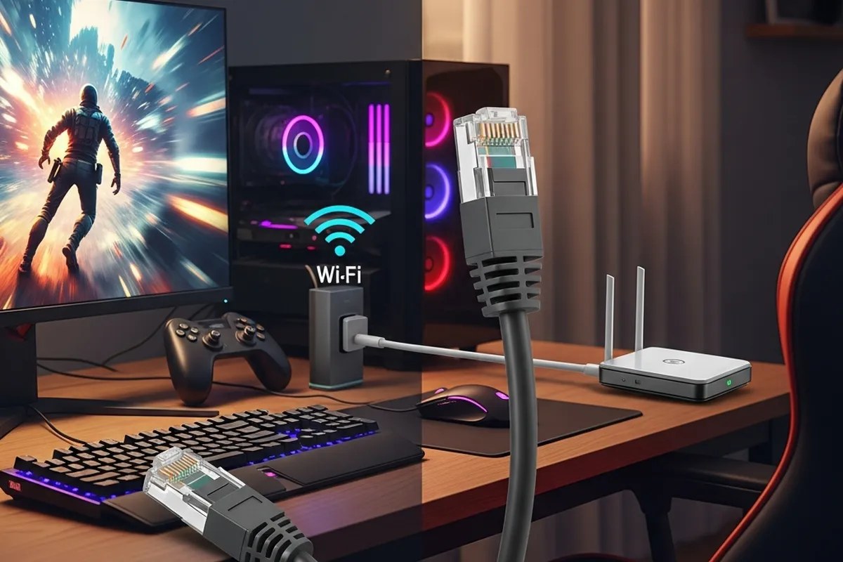 ethernet-vs-wifi-para-jugar-latencia-estabilidad Escritorio con monitor y pc gaming, mando y un router y un cable ethernet