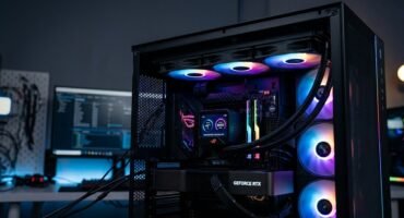 Vista en primer plano del interior de una PC de escritorio para videojuegos, destacando un sistema de refrigeración líquida AIO con iluminación RGB y una pantalla digital en el bloque de agua.