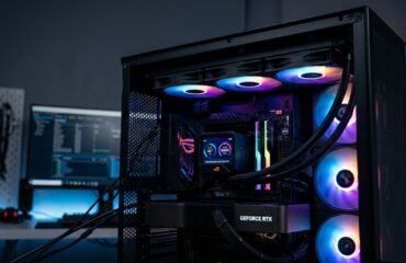 guia-refrigeracion-liquida-aio-pc Vista en primer plano del interior de una PC de escritorio para videojuegos, destacando un sistema de refrigeración líquida AIO con iluminación RGB y una pantalla digital en el bloque de agua.