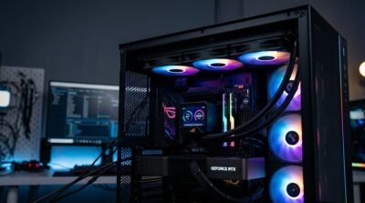 Vista en primer plano del interior de una PC de escritorio para videojuegos, destacando un sistema de refrigeración líquida AIO con iluminación RGB y una pantalla digital en el bloque de agua.