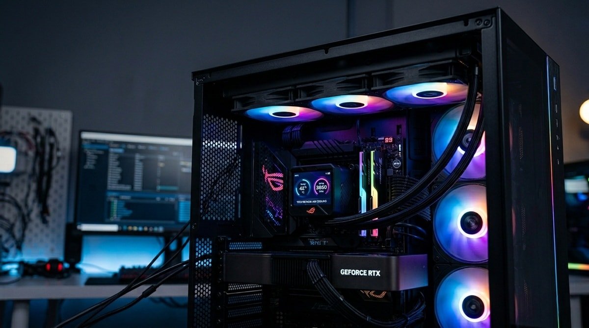 guia-refrigeracion-liquida-aio-pc Vista en primer plano del interior de una PC de escritorio para videojuegos, destacando un sistema de refrigeración líquida AIO con iluminación RGB y una pantalla digital en el bloque de agua.