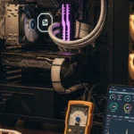 Una computadora de escritorio gamer con componentes visibles, incluyendo una tarjeta gráfica y un sistema de refrigeración líquida.
