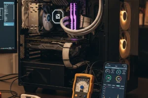 Una computadora de escritorio gamer con componentes visibles, incluyendo una tarjeta gráfica y un sistema de refrigeración líquida.
