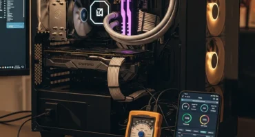 Una computadora de escritorio gamer con componentes visibles, incluyendo una tarjeta gráfica y un sistema de refrigeración líquida.