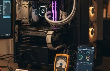 herramientas-controlar-temperatura-consumo-pc Una computadora de escritorio gamer con componentes visibles, incluyendo una tarjeta gráfica y un sistema de refrigeración líquida.