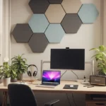 Oficina moderna con un escritorio, computadora, planta y paneles hexagonales en la pared.