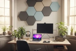 Oficina moderna con un escritorio, computadora, planta y paneles hexagonales en la pared.