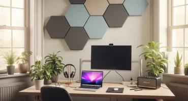 Oficina moderna con un escritorio, computadora, planta y paneles hexagonales en la pared.