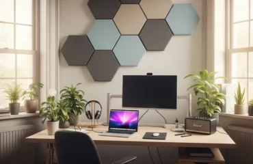 Oficina moderna con un escritorio, computadora, planta y paneles hexagonales en la pared.